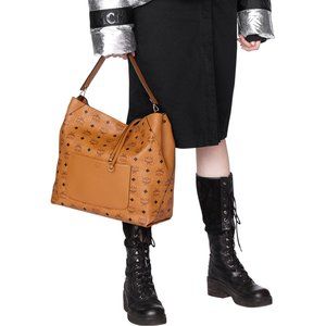 MCM Large Aren Hobo Monogram Visetos Cognac Leather Bag with dust bag